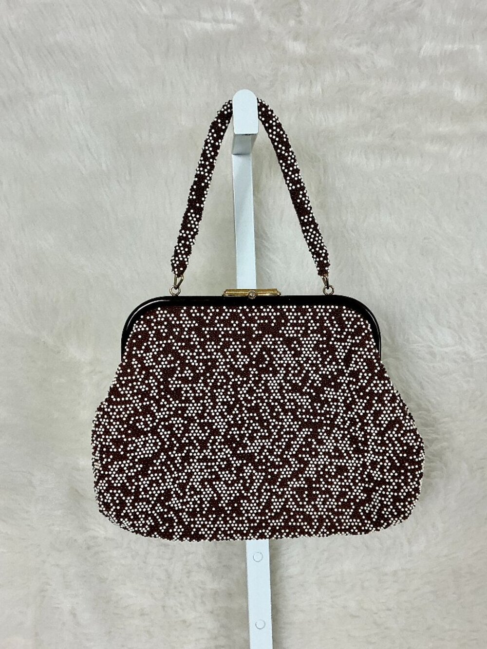 Vintage 50s 60s Jem Hong Kong Candy Beaded Mesh Brown & White Handbag Purse
